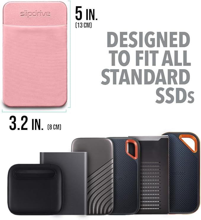 Slipdrive - Portable Hard Drive Sleeve for Laptop - SSD Solid State Drive - Reusable Adhesive - 5” x 3.2” Stick on External Hard Drive Carrying Case - Travel Pocket Pouch (Small, Pink)