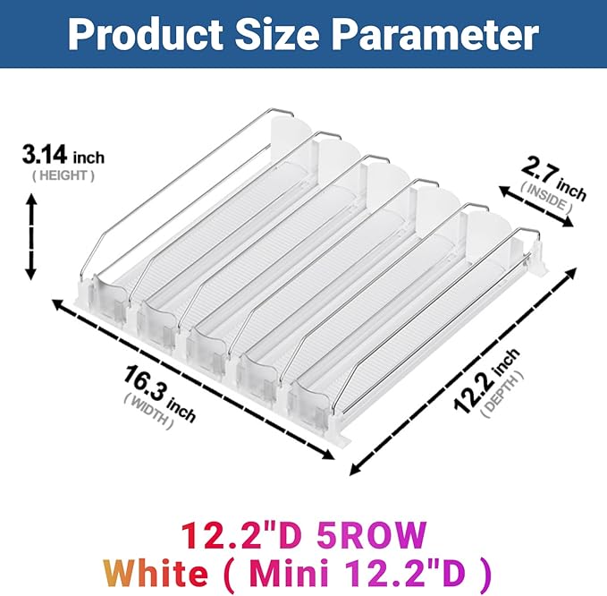 Drink Organizer for Mini Fridge,12oz 16oz 20oz - Soda Can Dispenser for Refrigerator,Width Adjustable,Automatic Pusher Glide (White (Mini 12.2"D), 12.2"D 5ROW, Holds 20 Cans)