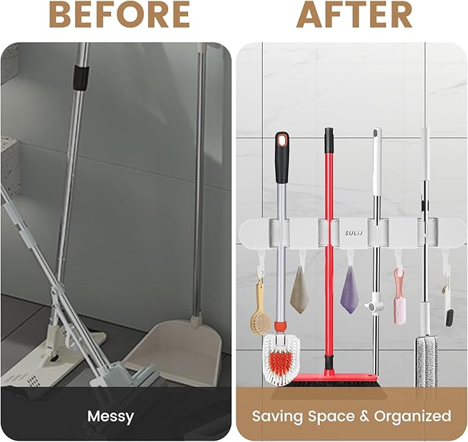 3PCS Broom Holder Wall Mount, No-Drilling Self-Adhesive Mop and Broom Storage Rack (4 Racks with 5 Hooks),Wall-Mounted Broom Hanger for Bathroom, Kitchen, Closet, Garage, White