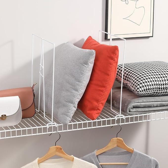 Wire Shelf Dividers - White Closet Organization & Storage Organizer - No Tool Shelf Divider for Wire Shelves - Metal Shelf Accessories – for 12“ Deep Wire Shelves – Tall 16” Height – 4 Pack