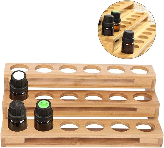 3 Tier Essential Oil Holder Stand, 1.4in Hole Diameter Wood Cosmetic Storage Organizer Rack, Makeup Display Stand for 18 Bottles