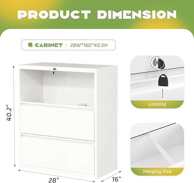 Bonusall 3 Drawer Lateral File Cabinet with Lock, Locking Metal lateral Filing Cabinet for Office Steel lateral File Cabinet, Large Horizontal File Cabinet Locked by Keys-White