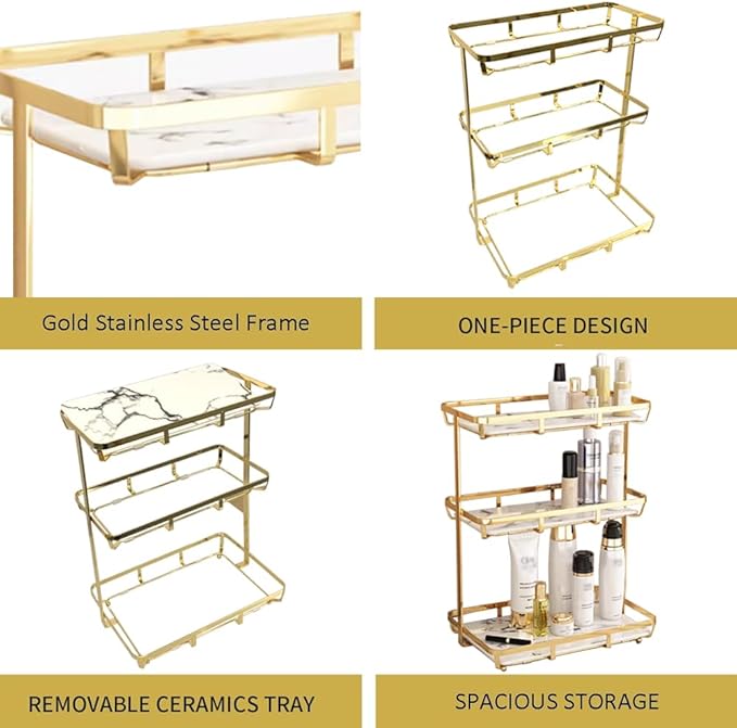Bathroom Organizer Countertop Perfume Organizer Makeup Cosmetics Storage Display Rack 3 Tier Vanity Tray Dresser Stainless Steel Gold Shelf White Marble Ceramic Tray (Gold, L)