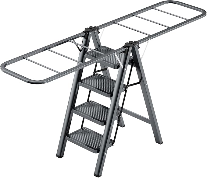 Multi-Functional 5 Step Ladder Used as Clothes Drying Rack,Sturdy Carbon Steel Ladder,Widened Pedal,Foldable & Portable Clothes Drying Rack, Space-Saving Design Indoor&Outdoor Drying (Black)