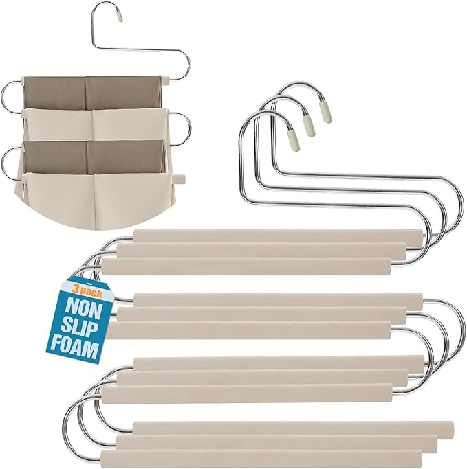 Multiple Space Saving Non Slip Foam Padded Pants Hangers 4 Tier Steel Open Ended No Creases Tiered Beige 3 Pack