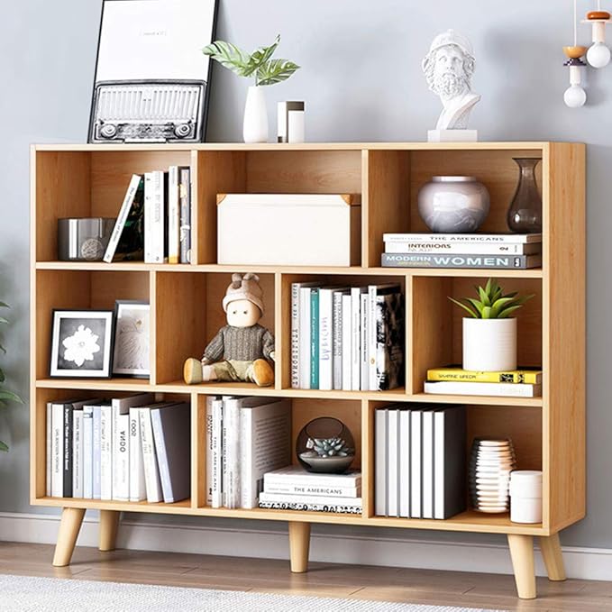 IOTXY Wooden Open Shelf Bookcase - 3-Tier Floor Standing Display Cabinet Rack with Legs, 10 Cubes Bookshelf, Pear Yellow
