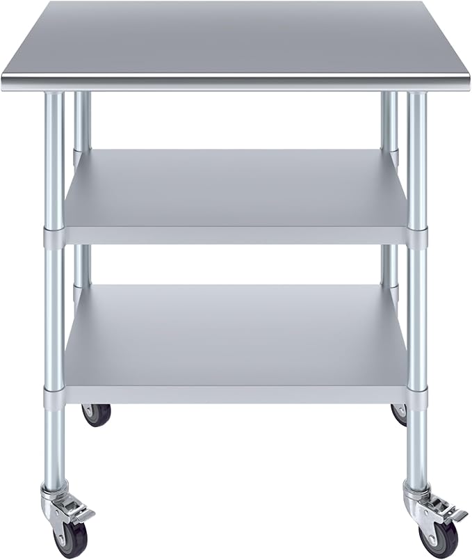 AmGood Stainless Steel Work Table with 2 Shelves and Casters | Metal Utility Table On Wheels (Stainless Steel Work Table with 2 Shelves + Casters, 36" Long x 24" Deep)