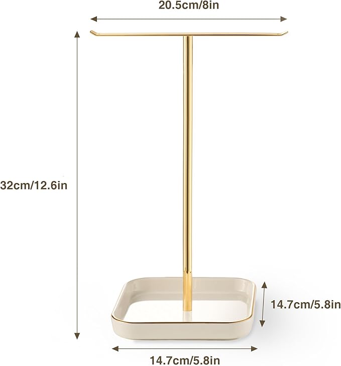 Jewelry Holder Stand with Ceramic Base: 12" Tall Necklace Organizer Rack, Tree Design Display Storage for Necklaces, Bracelets, Rings, Earrings, Aesthetic Room Décor for Girls and Women, Gold