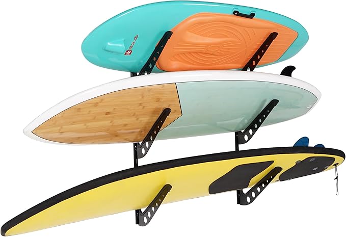 3 Board Surf Rack Wall Mount for Surfboard, Wakeboard, Snowboard Storage Adjustable Wall Hangers Boards Display