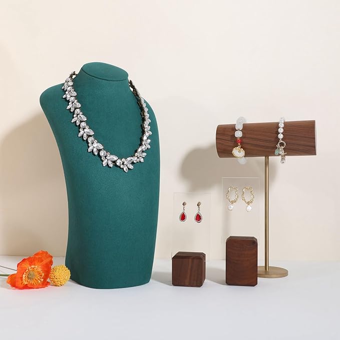 GemeShou Green necklace hanger jewelry organizer, Velvet jewelry stand necklace holder, jewelry mannequin bust for necklaces, Jewelry boutique store photography props【Green-Large height 11.8 inch】