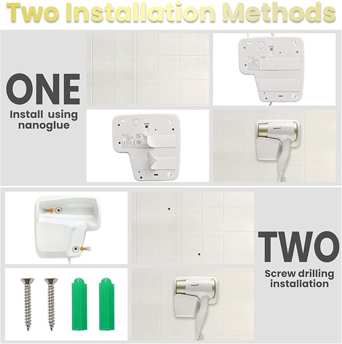 Wall Mounted Hair Dryer with USB Charging Port for Bathroom - 110V Professional Blow Dryer, Fast Drying Salon Motor & Dual Voltage Support, Includes Stand Rack, Screws+Adhesive