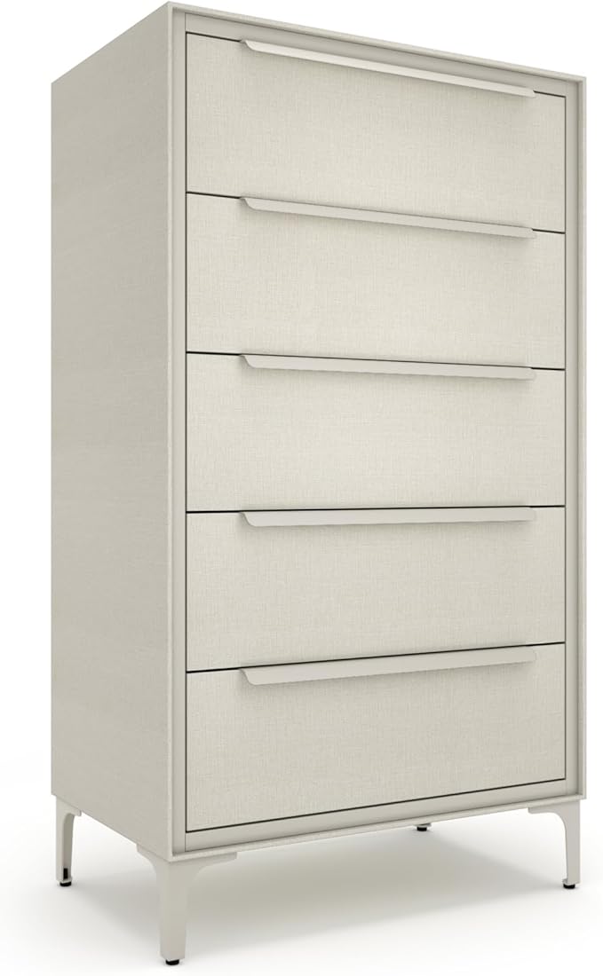 tinge Naima Premium Fabric Dresser - Strong Metal Frame, 5 Spacious Sag-Proof Drawers with Sleek Metal Handles - Premium & Durable Storage Solution for Your Home (Beige)