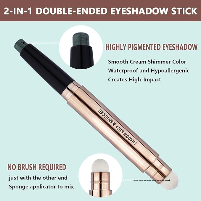 Evergreen Eyeshadow Stick Makeup, Highlighter Matte Cream Eye Shadow Pencil, Waterproof Hypoallergenic Long Lasting Crayon, Glitter Primer Palette Shimmer Eyeliner Pen wiht Soft Brush