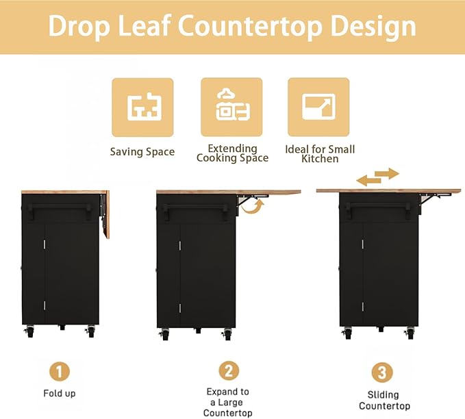 59’’ Rolling Kitchen Island Cart with Drop Leaf and Power Outlet, Movable Kitchen Islands with 3-Tier Door Storage Shelf, Island Table on Wheels, 2 Large Drawers, Towel Racks, Black