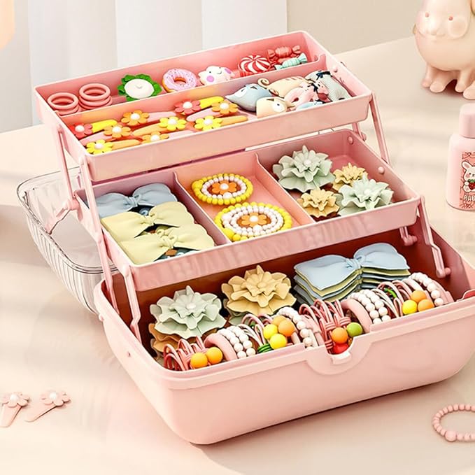 Girls Hair Accessories Storage Box Bow Switch Organizer Box Jewelry Box, Plastic Hair Ties Holder Hair Clips Container Headbands Organizer Gift for Baby Girls Multipurpose Organizer and Portable