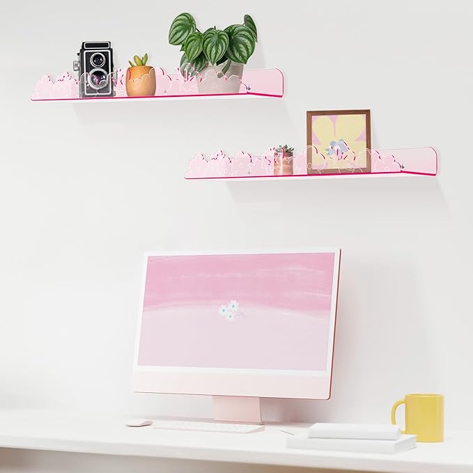 Floating Shelves for Wall,4 Pack 15.7’’x 3.5’’Adhesive Acrylic Shelves Organizer for Book Toy Photo Makeup,Wall-Mounted Kids Storage for Bathroom,Bedroom,Nursery,Pink Butterfly