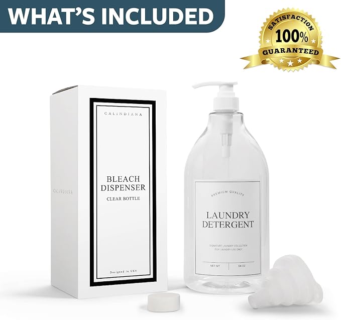 Calindiana Modern Farmhouse Bleach Liquid Laundry Detergent Dispenser for Laundry Room Decor and Organization, PET Plastic Landry Soap Containers with Water Resistant Label, Clear 64oz