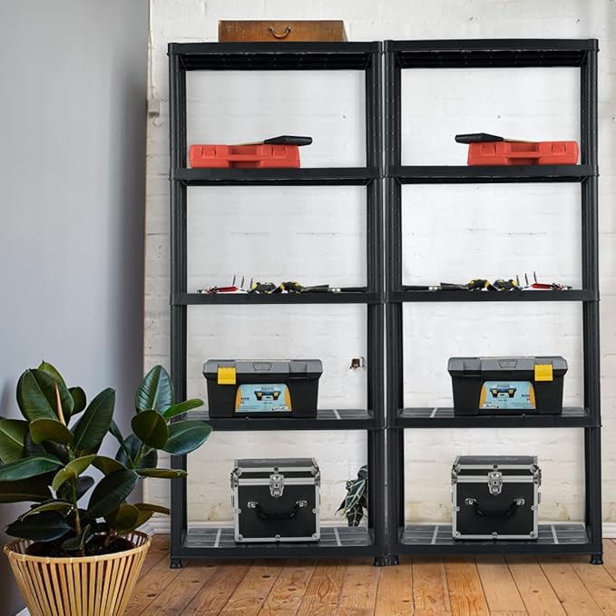 IRONMAX 5-Tier Plastic Storage Shelves, Multi-Purpose Display Shelf Rack, Light Duty Storage Shelving Unit for Laundry Pantry Closet, Black (2, 28“L X 15”W X 67“H)