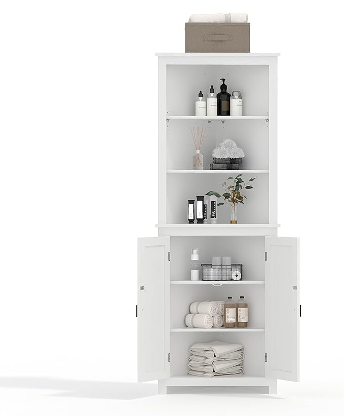 64 inch Farmhouse Corner Cabinet with 2 Barn Doors, Tall White Storage Cabinet with Adjustable Shelves, Multi-Purpose Buffet Pantry for Bathroom, Kitchen, Dining Room