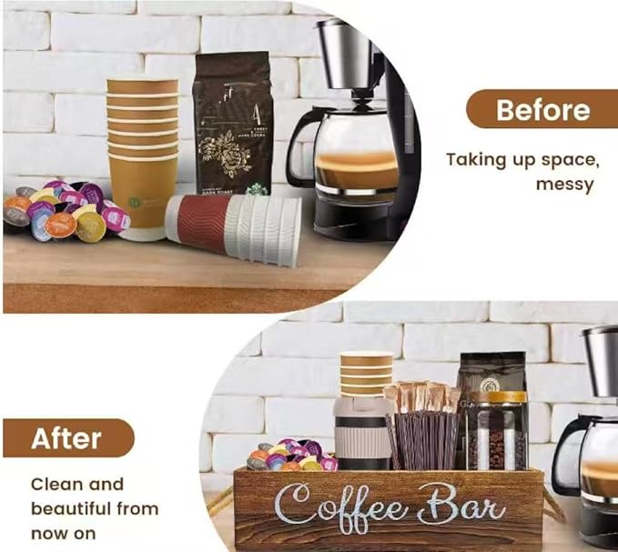 Coffee Counter Storage Rack Wooden Coffee Bar Storage Rack Features Removable Shelves Holds Coffee Pods,Sugar Packets,Stirrers And Tea Sets—Office Coffee Bar Accessories