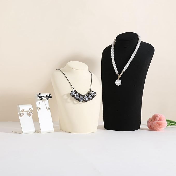 GemeShou Beige necklace hanger jewelry organizer, Velvet jewelry stand necklace holder, jewelry mannequin bust for necklaces, Jewelry boutique store photography props【Beige-Medium height 7.87 inch】