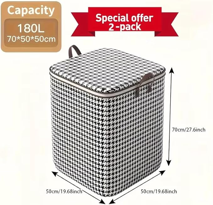 2 Pack Large Foldable Laundry Basket with Zipper Lid – 180L Storage Organizer Bin, Thickened Non-Woven Fabric, Handles for Clothes, Blankets