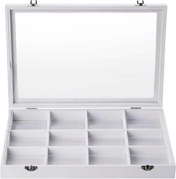 Frebeauty Velvet Jewelry Tray,12 Grid Jewelry Organizer with Clear Lid,Bracelets Holder,Jewelry Display Case with Clasp,Drawer Insert Bangle Brooch,13.8 x 9.5 x 2 Inches,Gift for Women Girls(White)