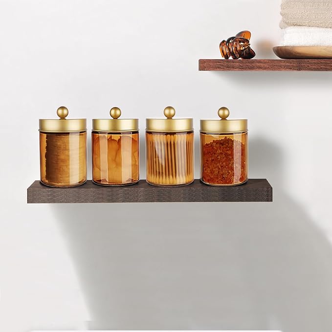 Amolliar Bronze Glass Apothecary Jar With Metal Lid & Stickers, Bathroom Qtip Dispenser Storage Canister, Perfect for Cotton Balls, Cotton Swabs, Makeup Pads, Bath Salt, Floss, 1 Pack(Gold)