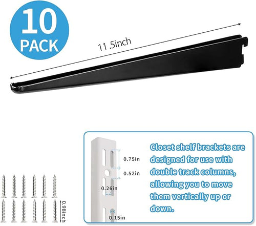 10 Pack 11.5‑Inch Adjustable Wire Shelf Brackets – Heavy‑Duty Double‑Track Closet & Wall Shelving System Supports（Black）