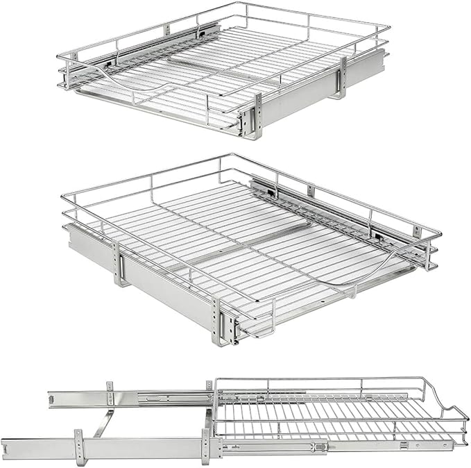 DINDON Pull Out Cabinet Organizer (14" W x 21" D), Pull Out Drawers for Kitchen Cabinets, Cabinet Pull Out Organizer 1 Tier Heavy-Duty Slide Out Shelf Wire Basket for Base Cabinet, Chrome