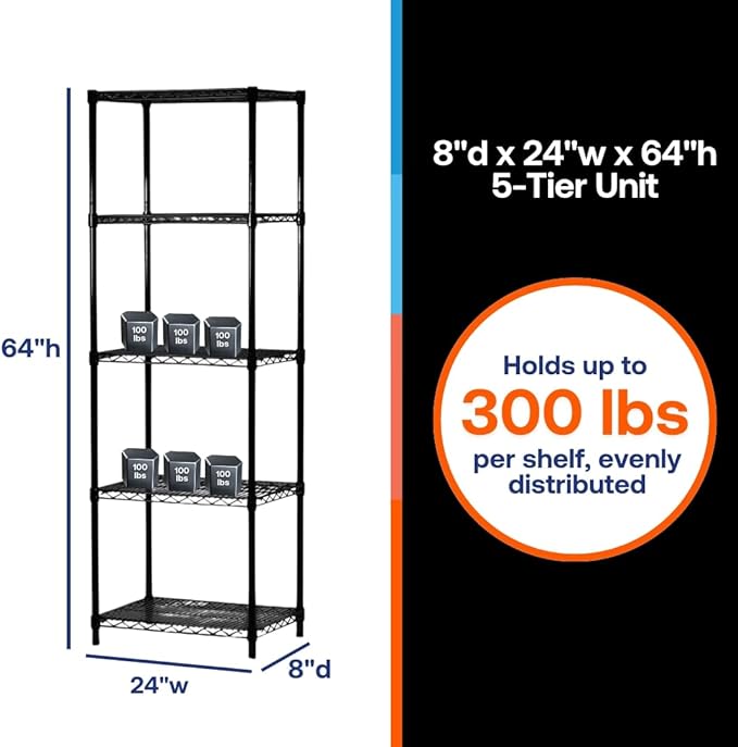 Shelving Inc. 8" d x 24" w x 64" h Black Wire Shelving with 5 Tier Shelves, Weight Capacity 300lbs Per Shelf