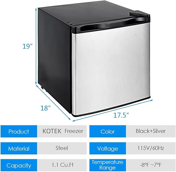KOTEK 1.1 cu.ft. Compact Upright Freezer, Mini Freezer w/Reversible Stainless Steel Door & Removable Shelf, Small Single Door Freezer for Home, Office, Apartment