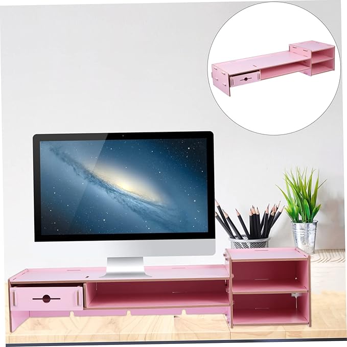 Angoily Creative Pink Monitor Riser Stand with Drawer Multifunctional Desktop Organizer for Office Desk Storage and Computer Display Elevation