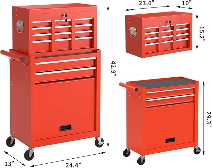 8-Drawer High Capacity Rolling Tool Box with Wheels,Rolling Tool Chest with Drawer,Tool Box on 4 Wheels with Lock, Tool Storage Cabinet Removable Portable Box for Garage Warehouse (Red)