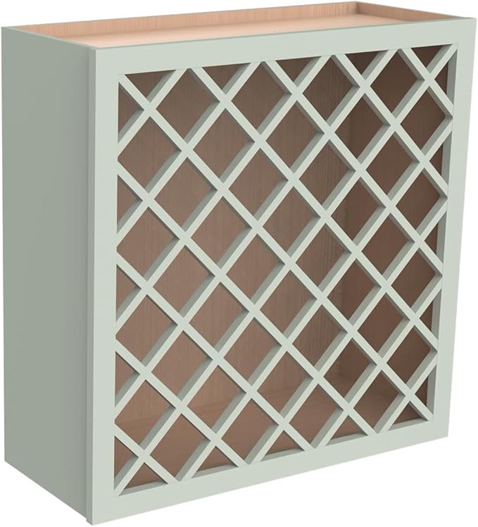 Solid Wood RTA Wine Bottle Rack Wall Cabinet with Lattice Panels - Wine Bottle Holder Storage for Bar, Pantry, or Dining Room and Kitchen(Jade Green, 24”W × 12”D × 30”H)