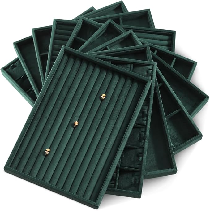 Velvet Ring Display Tray, Stackable Muilt Slot Rings Ear Stud Storage Tray, Drawer Insert Jewelry Accessories Organizers Plate (Green)