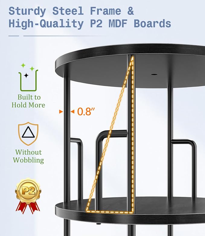 5 Tier Rotating Bookshelf Tower Round Black,62”Tall Standing Spinning Bookshelf Tower Anti-Tipping Design,Metal & Wood Revolving Bookcase Stackable Space Saving for Small Spaces,Study,Living Room