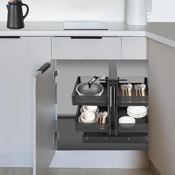 Corner Pull Out Organizer, Blind Corner Pull Out Organizer, 2 Tier Pullout Shelf Organizer for Blind Corner Kitchen/Bathroom Cabinets