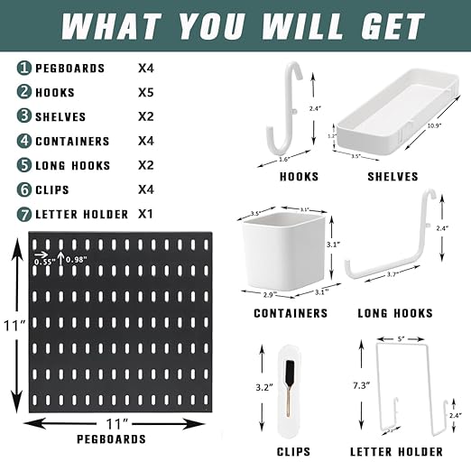 Pegboard Combination Kit for Wall Organizer, Wall Mounted Peg Board Kits for Kitchen, Bedroom, Office, &Bathroom, 4 Pieces Black Pegboards and 14 Accessories, 22" x 22"