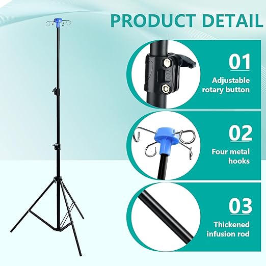 Lefeke IV Pole Portable for Traveling, Adjustable IV Stand with Hooks, Medical IV Drip Infusion Bag Holder, IV Fluids Floor Stand (Black)