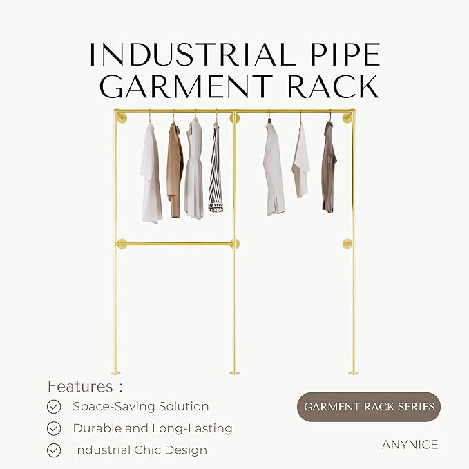 Industrial Pipe Clothing Rack, Heavy Duty Wall Mounted Clothes Rack,Retail Display Hanging Garment Rod for Laundry Rooms, Closet Storage, 14.6x75x82.7 Inches, Model K08 Gold