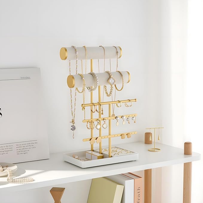 Lolalet Bracelet Display Stand Necklaces Holder, 5 Tiers Jewelry Organizer and Storage Rack with Velvet Slot and Metal Base, for Women Bangles Watches Ring Earrings -White