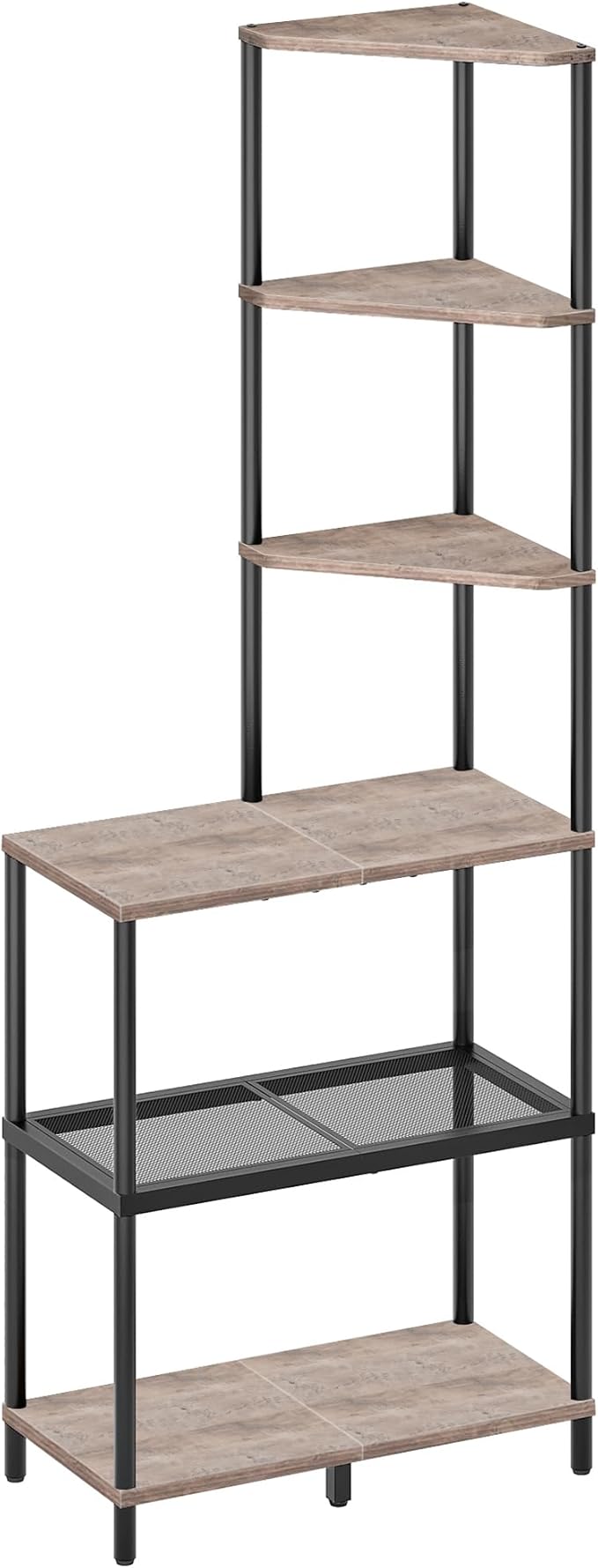 6-Tier Corner Shelf, Industrial Corner Bookshelf with Desk Top, Diamond-Shaped Storage Shelves, Display Stand for Small Spaces, Living Room, Home Office, Foyer, Greige and Black TCJ70BG
