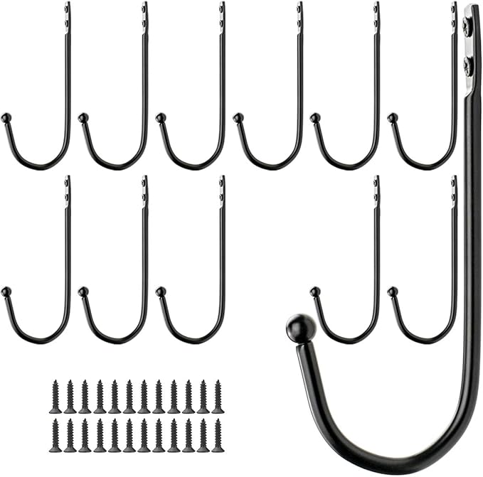 Wall Mounted Single Hook Wall Hanger Key Holder Wrought Iron Coat Hat Hooks, Set of 12 pcs and 24 pcs Screws, Black, Length:4.92inch