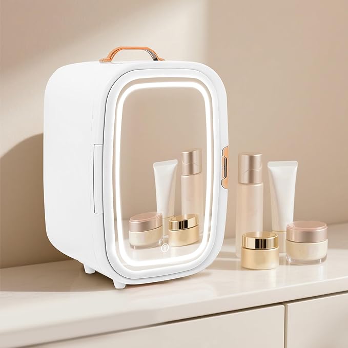 Mini Skincare Fridge,12L Makeup Cosmetics Refrigerator Beauty Fridge for Cosmetic Storage Skincare Fridge Portable Small Refrigerator for Cosmetics, Skin Care (White, W/LED Light Mirror)