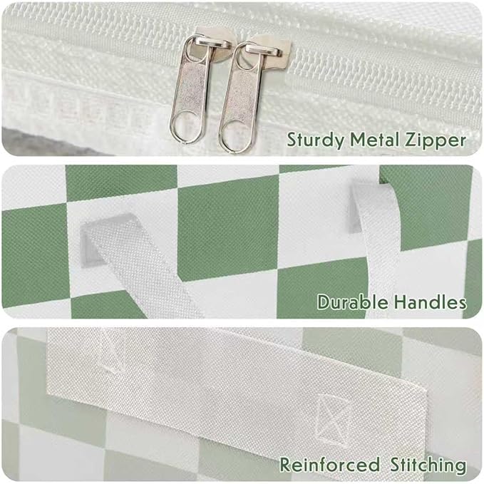 Green Checkered Clothes Storage Bins, 100L Large Blanket Storage Bags 3 Pack, Closet Organizers and Storage Containers for Comforters, Bedding, Foldable Organizer with Handle