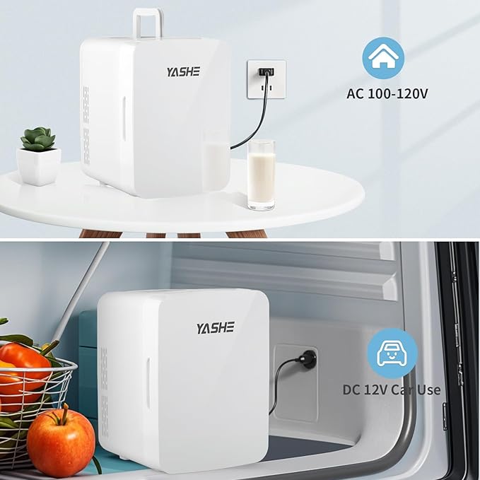 Mini Fridge, 10 Liter/12 Cans Skincare Fridge for Bedroom, 110V AC/ 12V DC Thermoelectric Cooler and Warmer Small Refrigerators for Drink, Office, Car, White