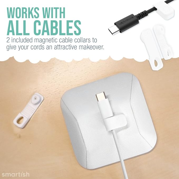 Smartish® Magnetic Cord Holder - Cable Wrangler Organizer Stocking Stuffer with Magnet Clips for Charger Management on Desktop, Nightstand for USB-C + Lightning - Snow Day White