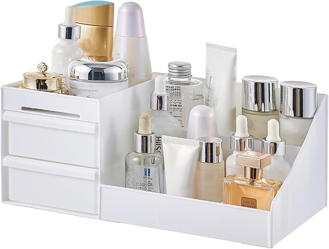 Perfume Cologne Organizer, Perfume Stand Shelf with 2 Drawers, Bathroom Counter Organizer and Storage for Skincare, Makeup, Cosmetics, White