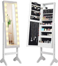 Giantex Standing Jewelry Armoire with 18 LED Lights Around the Door, Large Storage Mirrored Jewelry Cabinet with Full Length Mirror, 16 Lipstick Holders, 1 Inside Makeup Mirror (White)